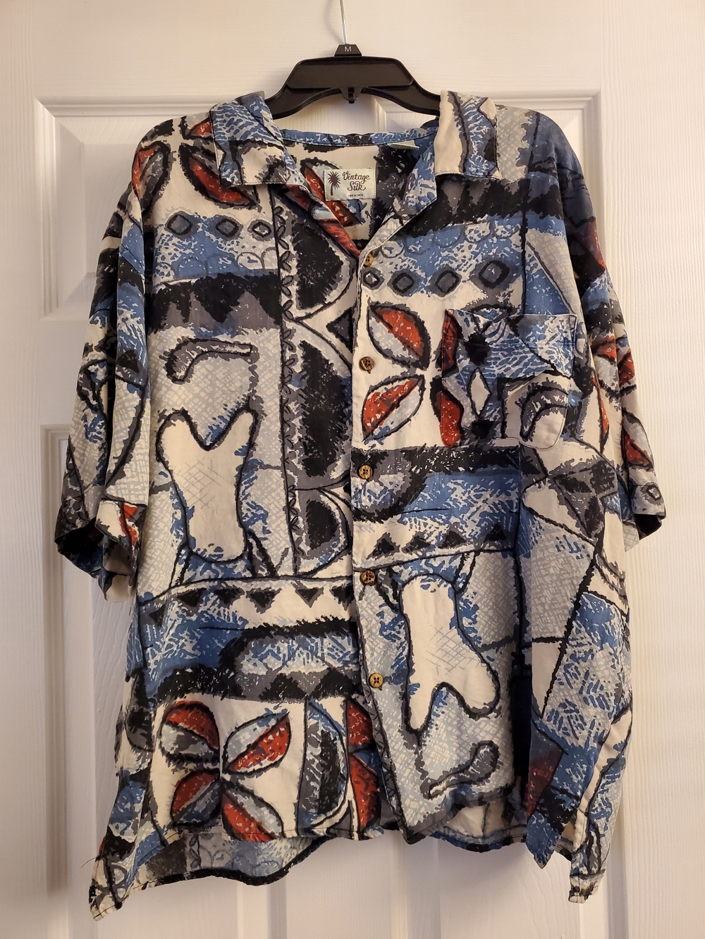Casual Short-Sleeve Button-Down Shirt in Blue, Cream & Red XL